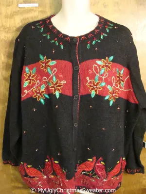 3XL Poinsettia and Cardigan Bird Themed Ugly Christmas Sweater