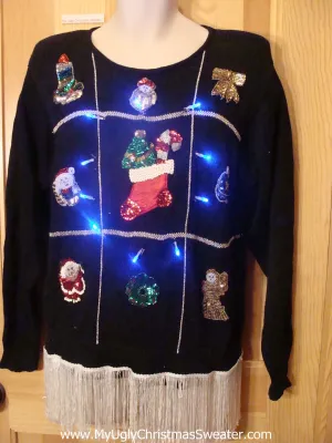 80s Light Up Christmas Sweater with Fringe and Bling