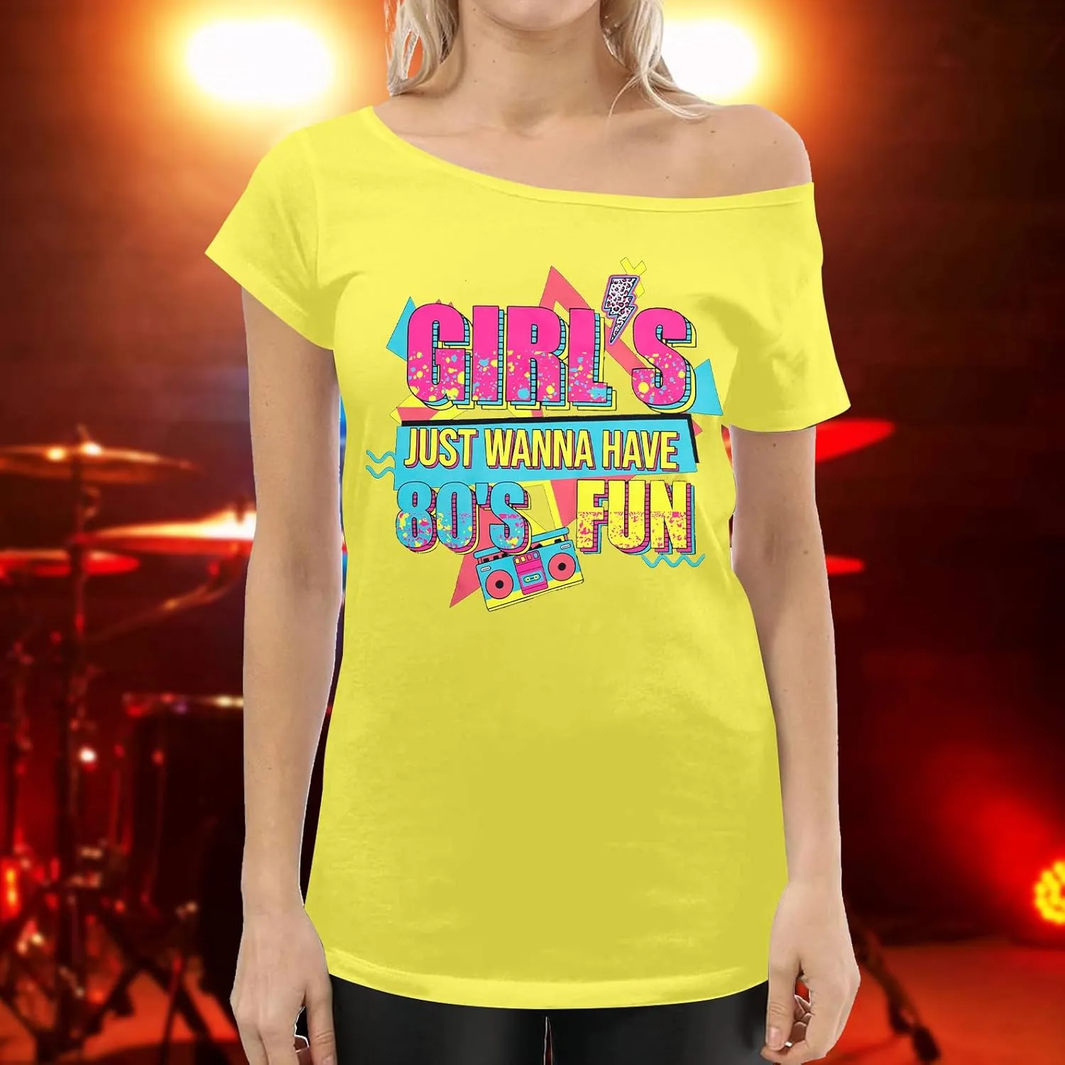 90s 80s Outfit for Women 80's Theme Party Disco Shirt Off The Shoulder Tops Vintage 90s Neon Off Shoulder Top