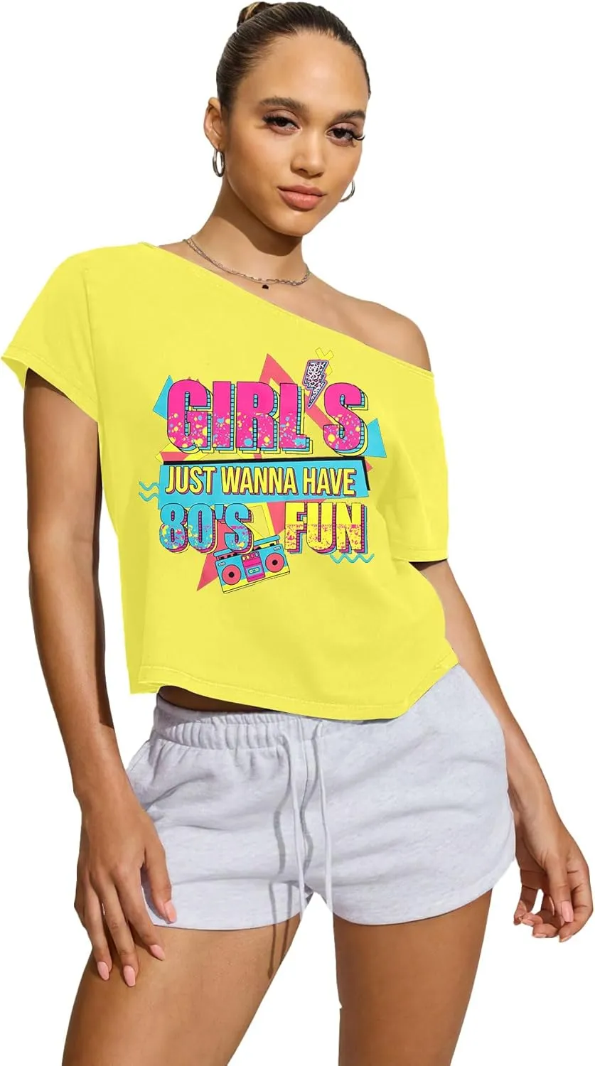 90s 80s Outfit for Women 80's Theme Party Disco Shirt Off The Shoulder Tops Vintage 90s Neon Off Shoulder Top