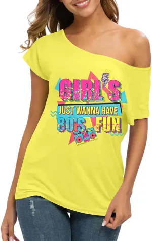 90s 80s Outfit for Women 80's Theme Party Disco Shirt Off The Shoulder Tops Vintage 90s Neon Off Shoulder Top