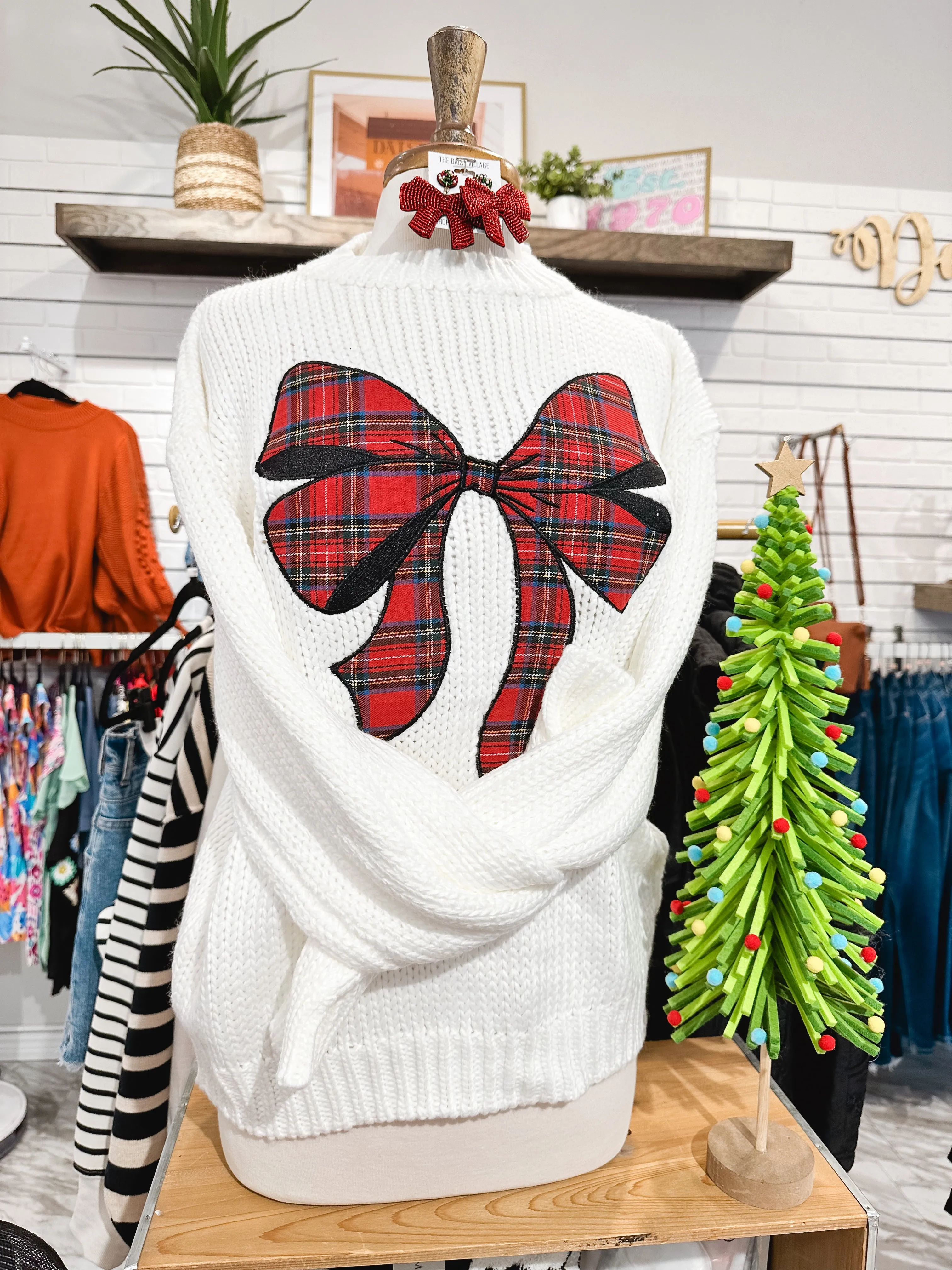All Cheer White & Tartan Plaid Bow Sweater