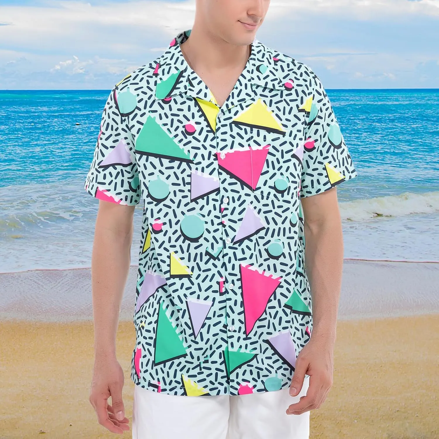 Artsadd 80s 90s Hawaiian Shirt for Men Vintage Button Down Short Sleeve Big and Tall Shirts Funny Party Disco Outfit