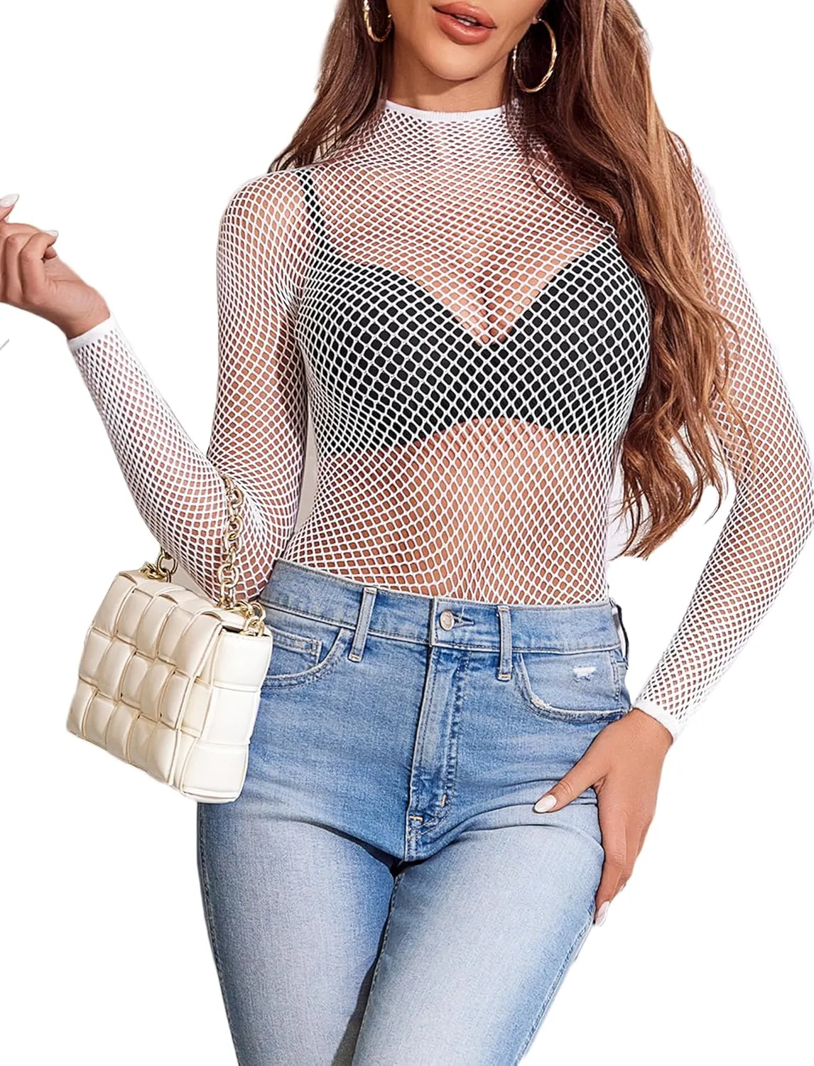 Avidlove Women's Sexy Fishnet Mesh Long Sleeve Tops Mock Neck Sheer Lace See-Through Blouse Bodycon Clubwear Party Tops