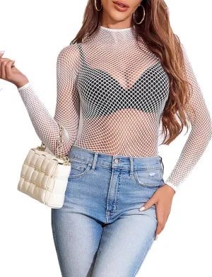 Avidlove Women's Sexy Fishnet Mesh Long Sleeve Tops Mock Neck Sheer Lace See-Through Blouse Bodycon Clubwear Party Tops