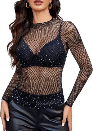 Avidlove Women's Sexy Fishnet Mesh Long Sleeve Tops Mock Neck Sheer Lace See-Through Blouse Bodycon Clubwear Party Tops