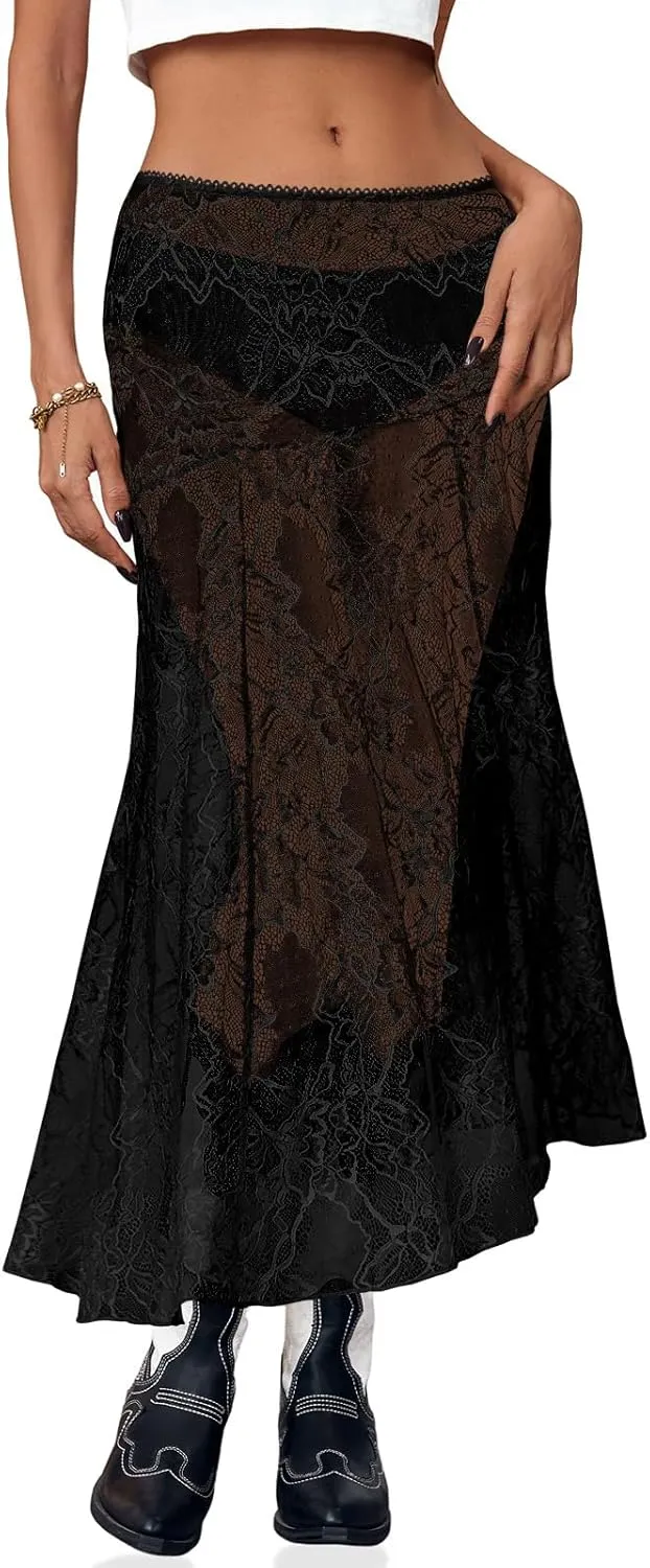 Cicy Bell Womens Summer Lace Maxi Skirt Elastic Waist See-Through Asymmetric Hem Beach Cover Up Long Skirt