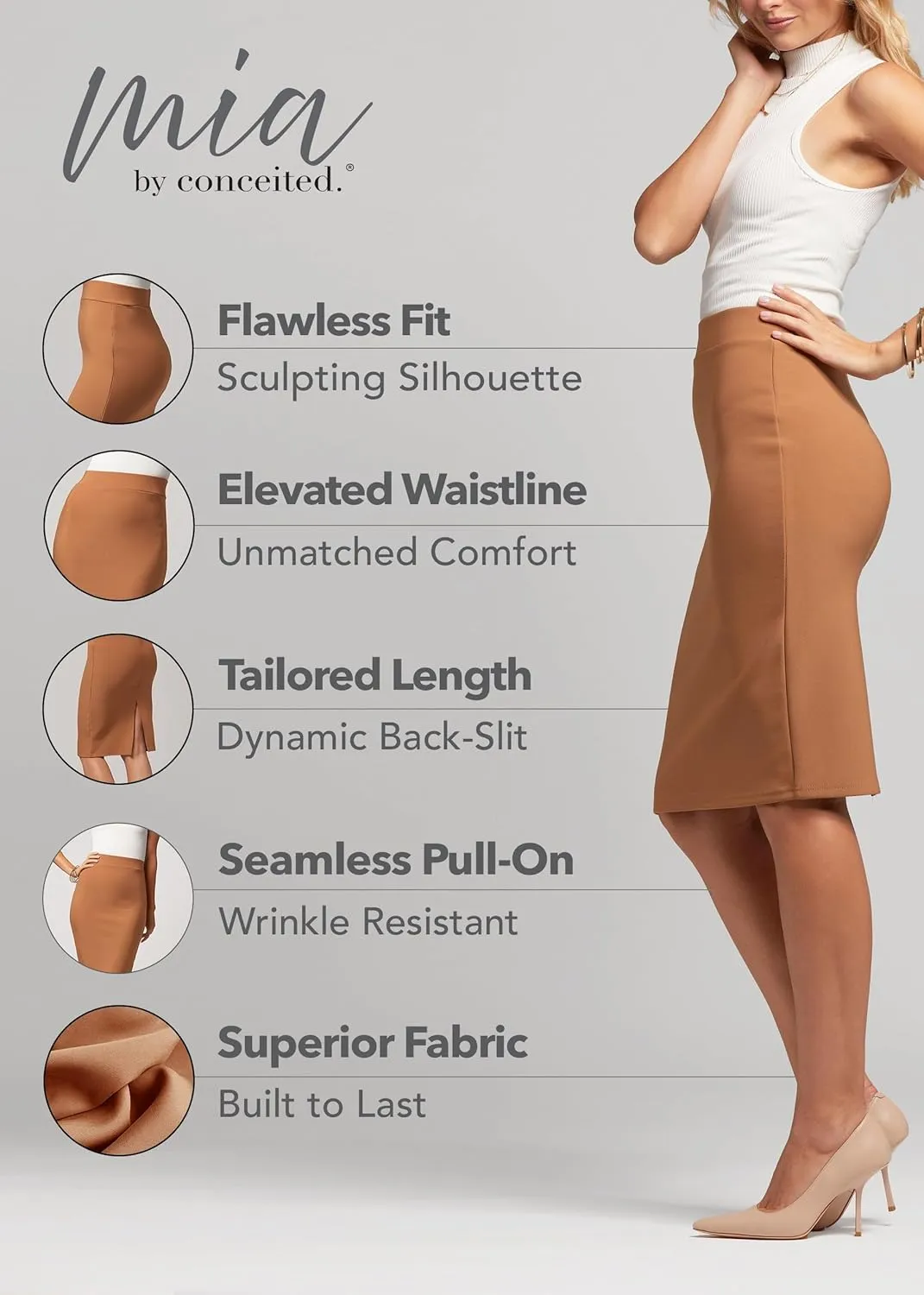 Conceited Skirts for Women - Stretch Pencil Skirt - Wear to Work - Pull On - Midi Length in Regular and Plus Size