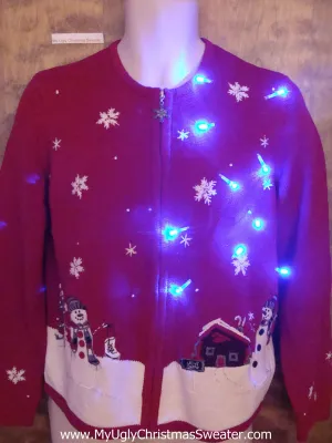 Country Snowy Cabin Snowman Light Up Ugly Xmas Sweater
