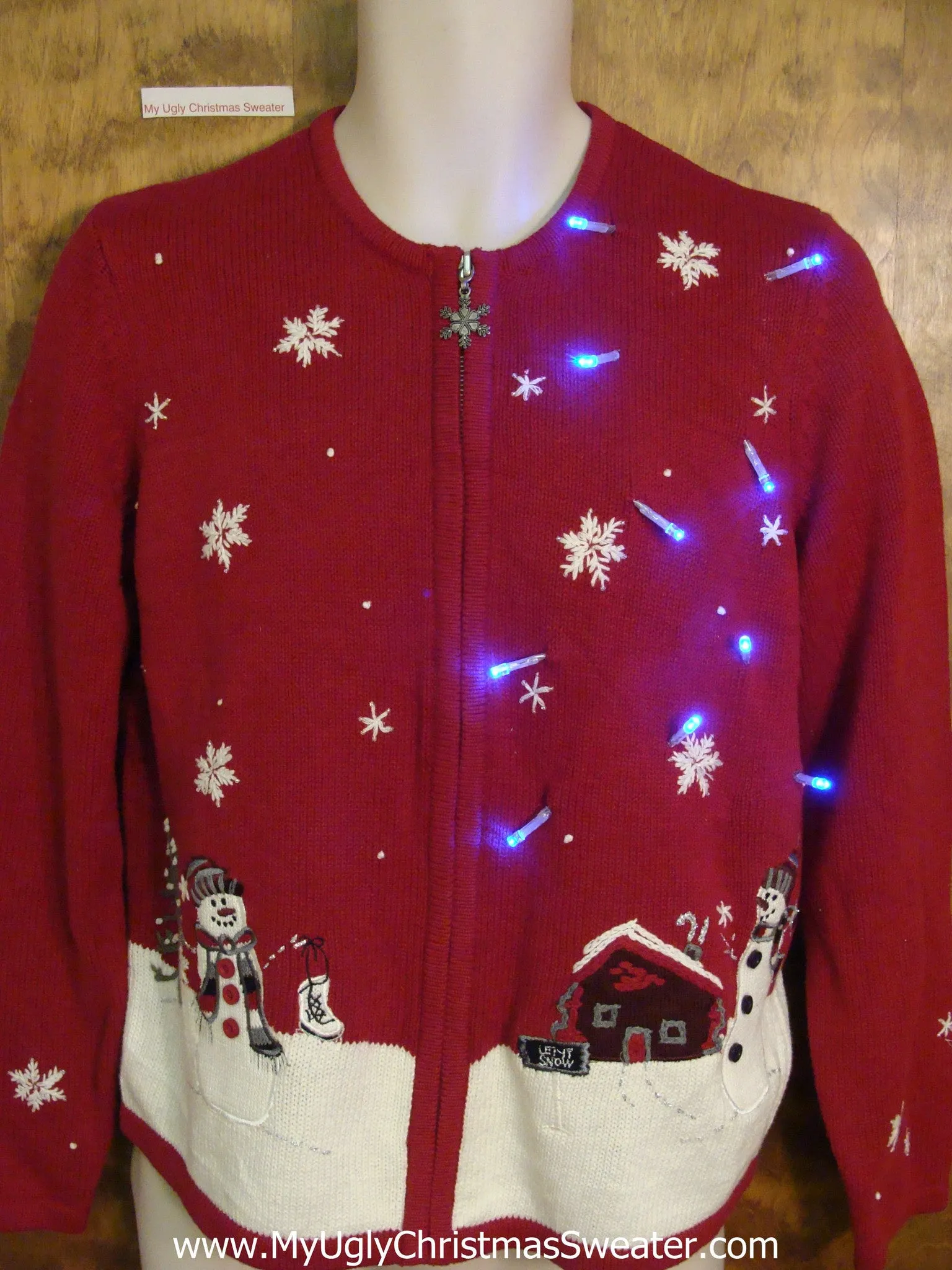 Country Snowy Cabin Snowman Light Up Ugly Xmas Sweater