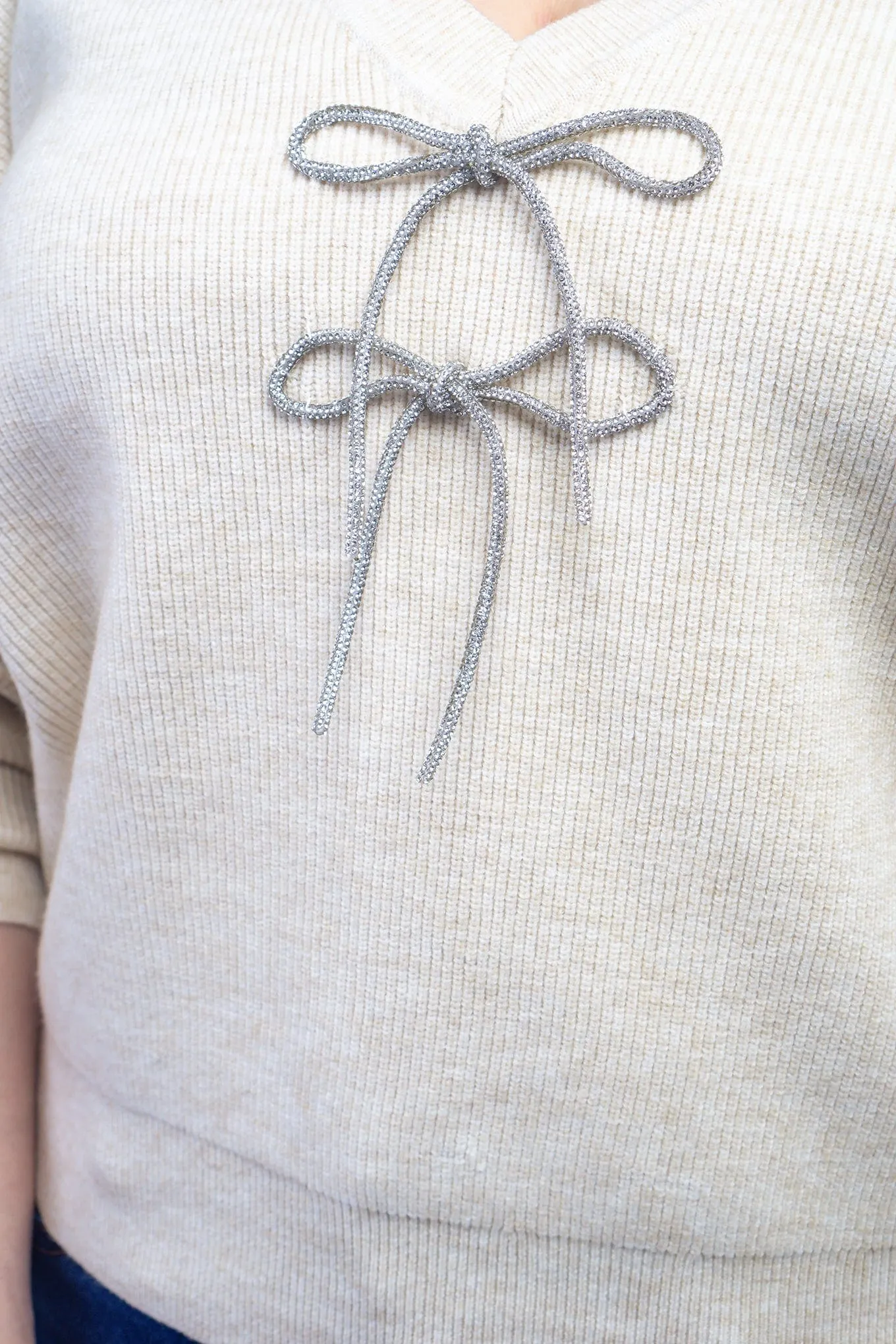 Cream V-Neck Rhinestone Bow Sweater