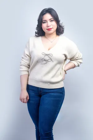 Cream V-Neck Rhinestone Bow Sweater