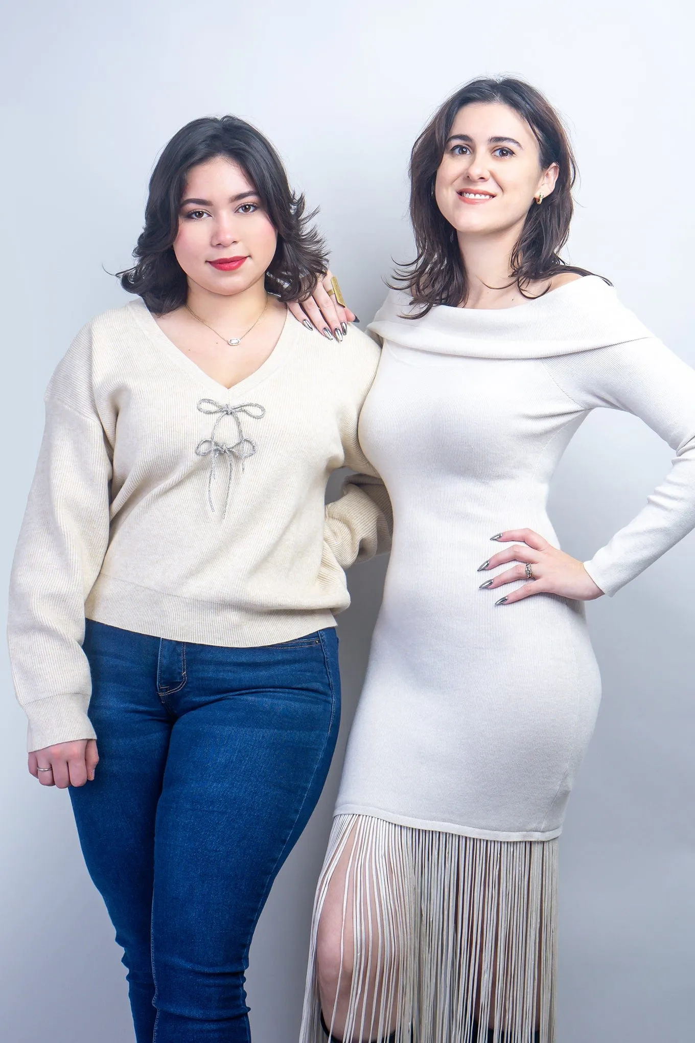 Cream V-Neck Rhinestone Bow Sweater