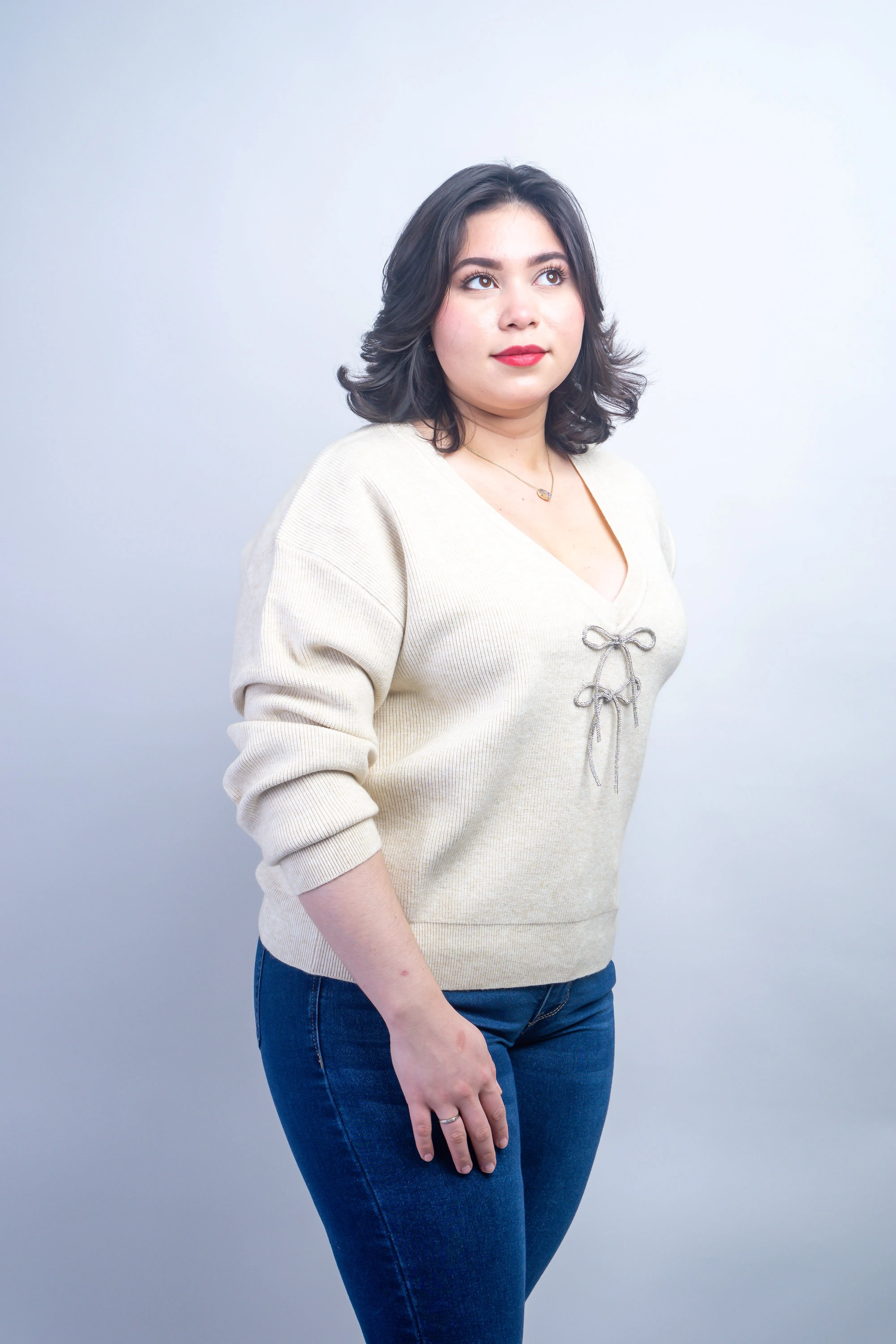 Cream V-Neck Rhinestone Bow Sweater
