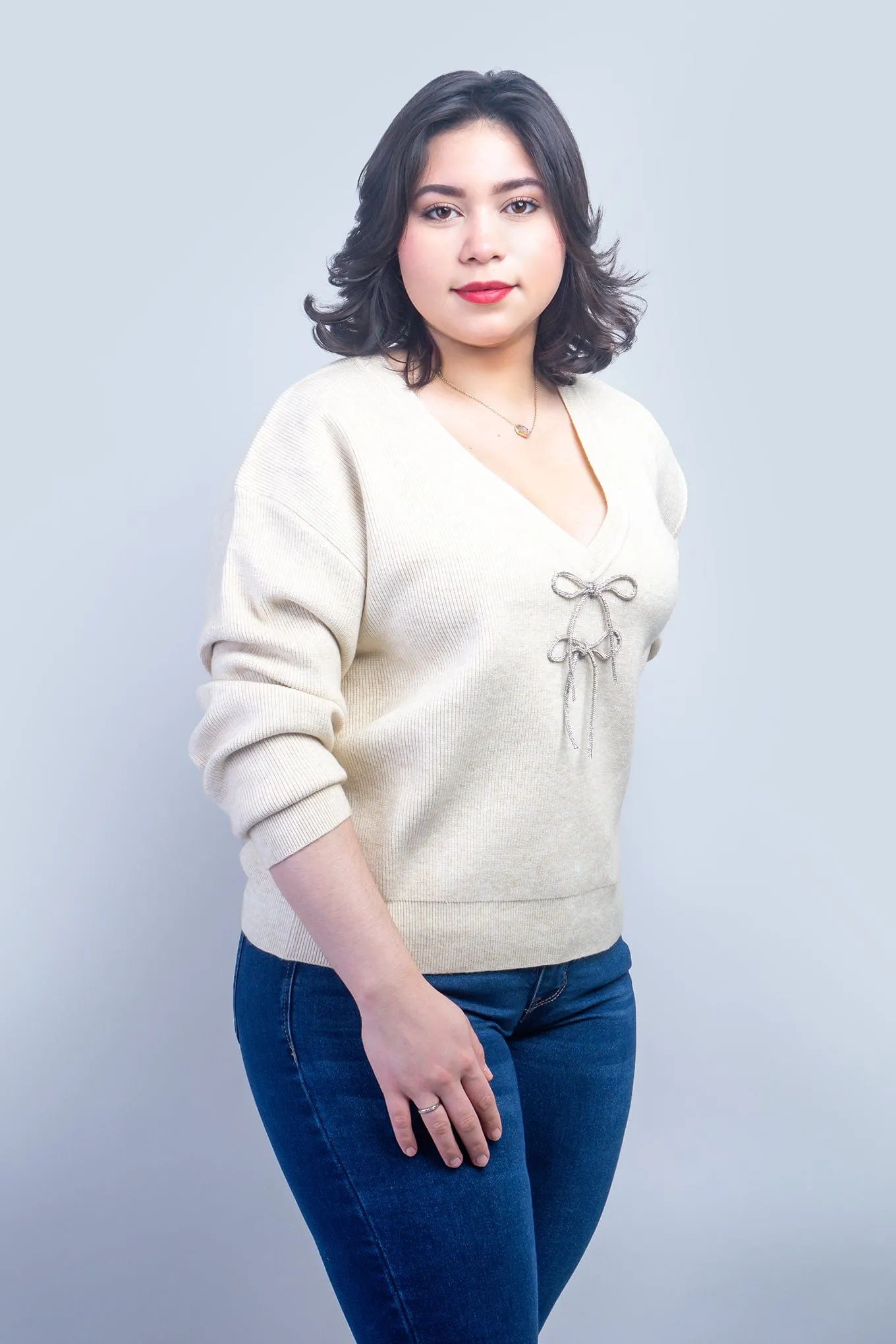 Cream V-Neck Rhinestone Bow Sweater