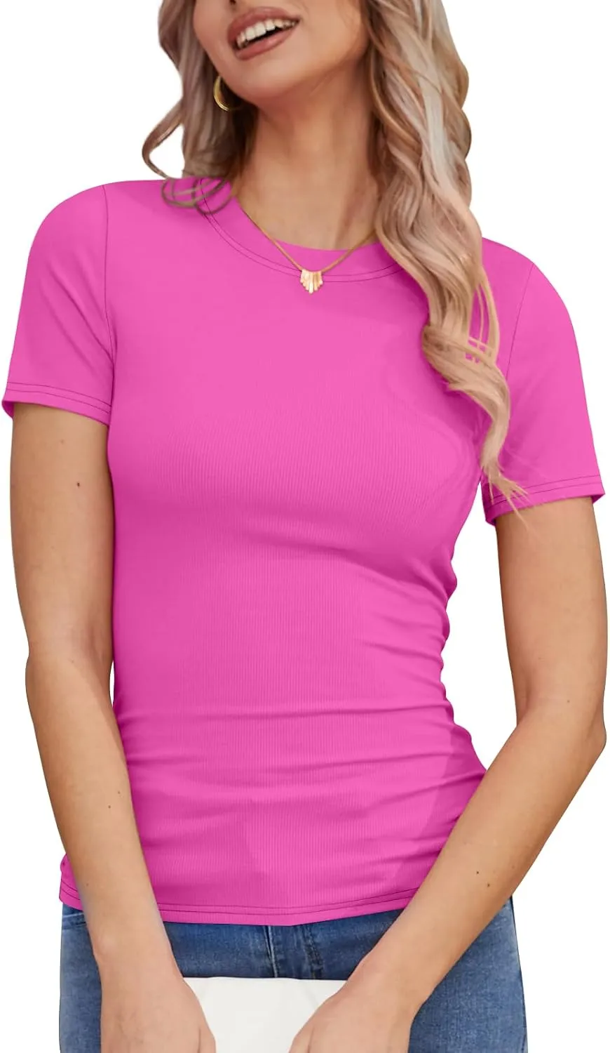 DB MOON Womens 2025 Short Sleeve Shirts Summer Casual Tops Crew Neck Basic Layer Ribbed Slim Fitted Tee