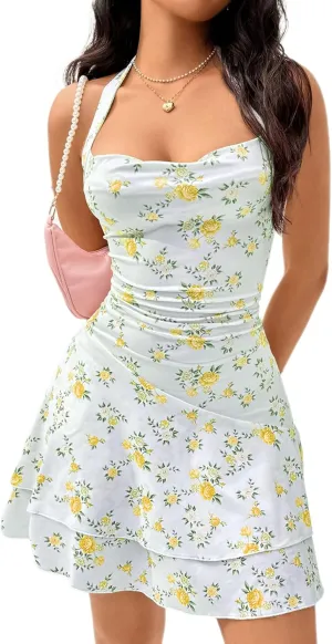 Floerns Women's Cute Summer Halter Neck Floral Print Short Sundress