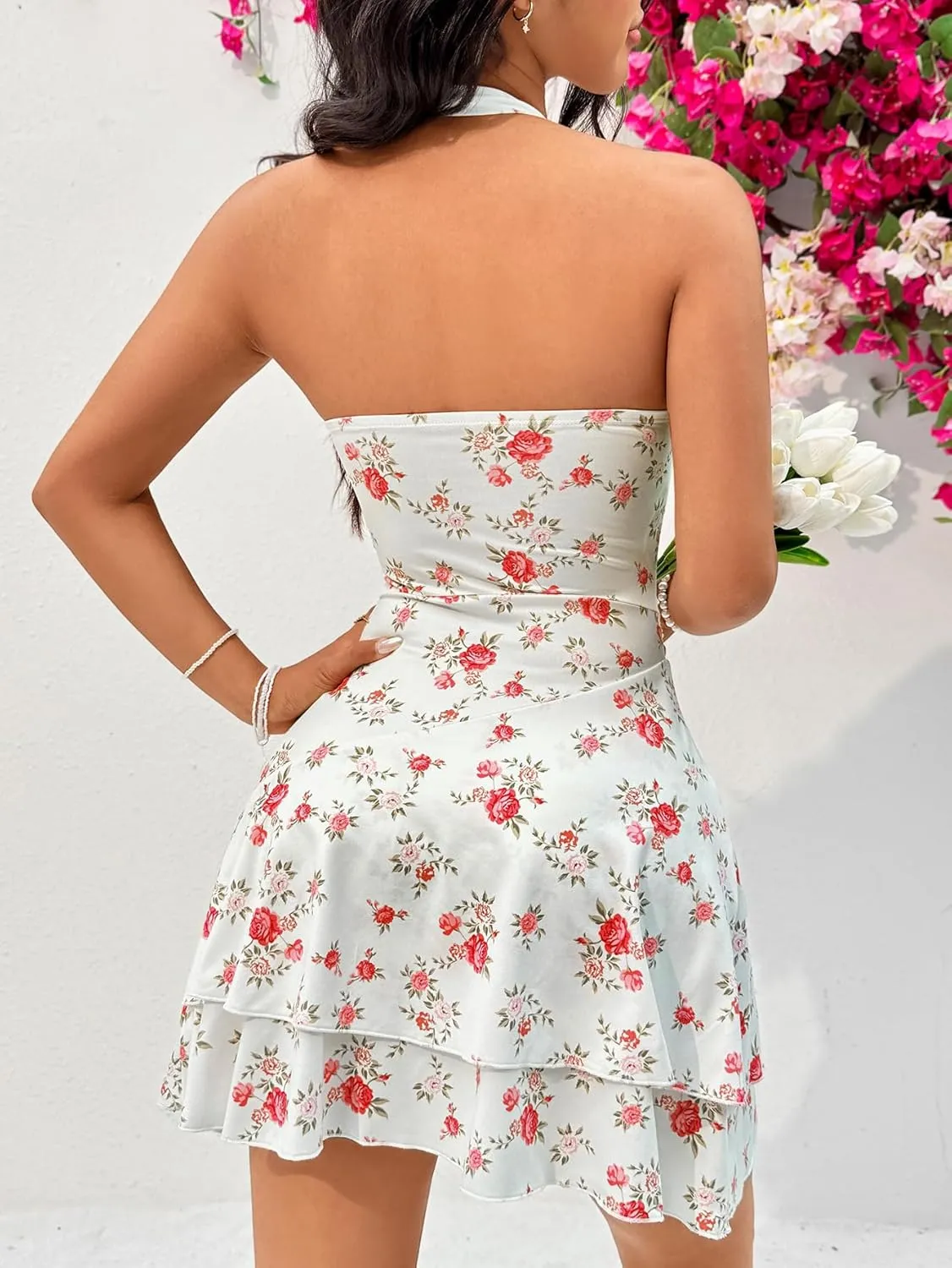 Floerns Women's Cute Summer Halter Neck Floral Print Short Sundress