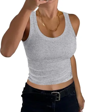 GEMBERA Women Sleeveless Scoop Neck Racerback Ribbed Knit Fitted Teen Basic Crop Tank Top Shirt