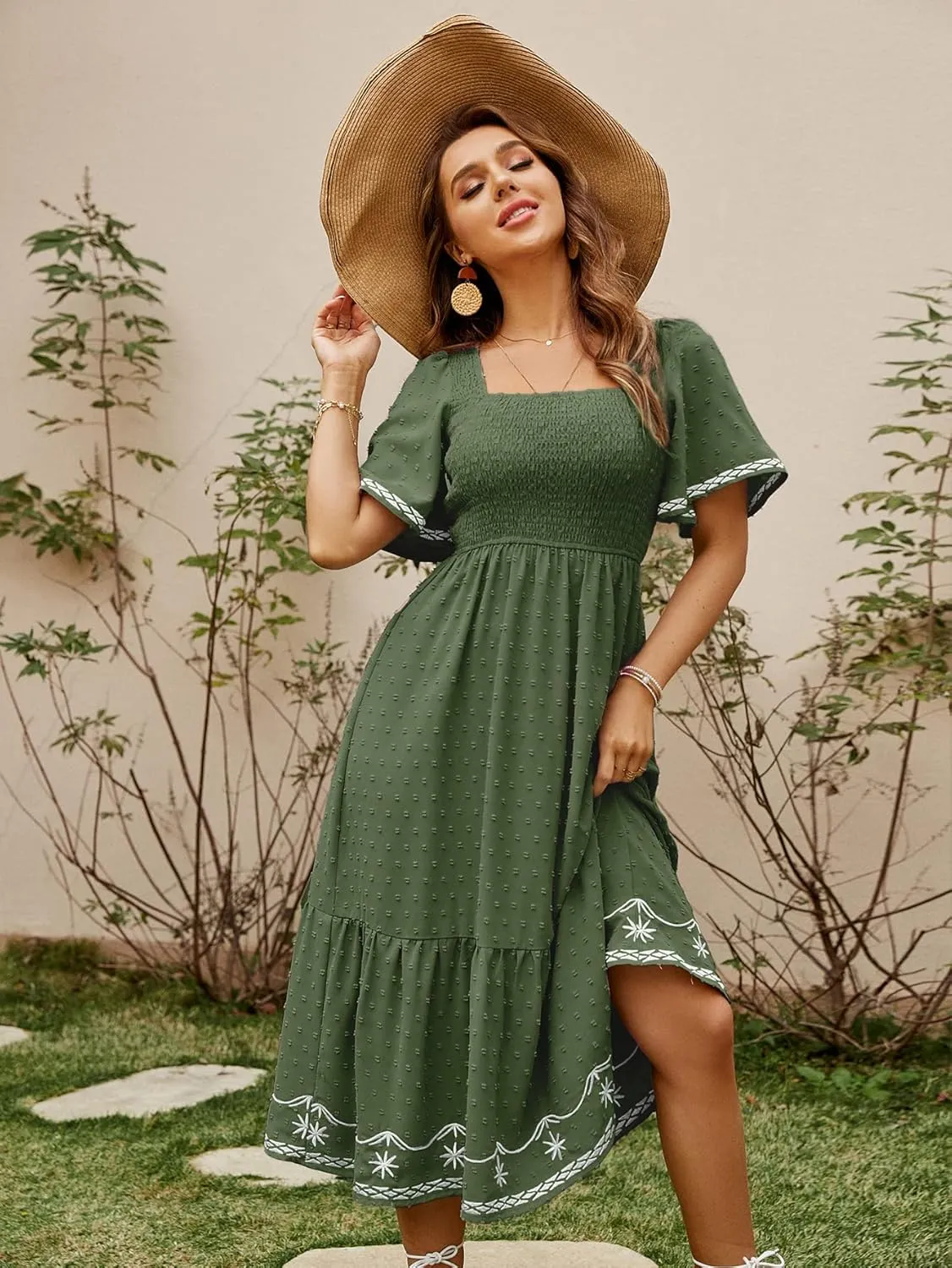 Glamaker Women's Short Sleeve Smocked Square Neck A Line Summer Flowy Maxi Long Dress