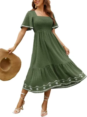 Glamaker Women's Short Sleeve Smocked Square Neck A Line Summer Flowy Maxi Long Dress