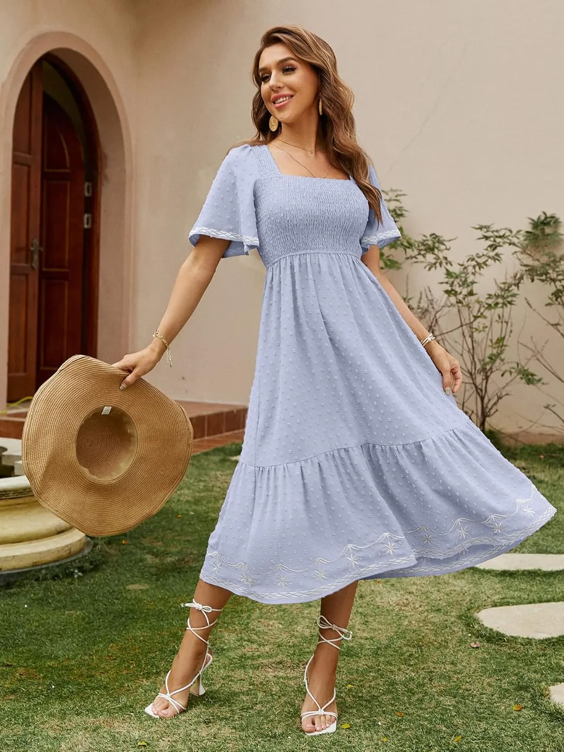 Glamaker Women's Short Sleeve Smocked Square Neck A Line Summer Flowy Maxi Long Dress