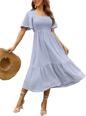 Glamaker Women's Short Sleeve Smocked Square Neck A Line Summer Flowy Maxi Long Dress