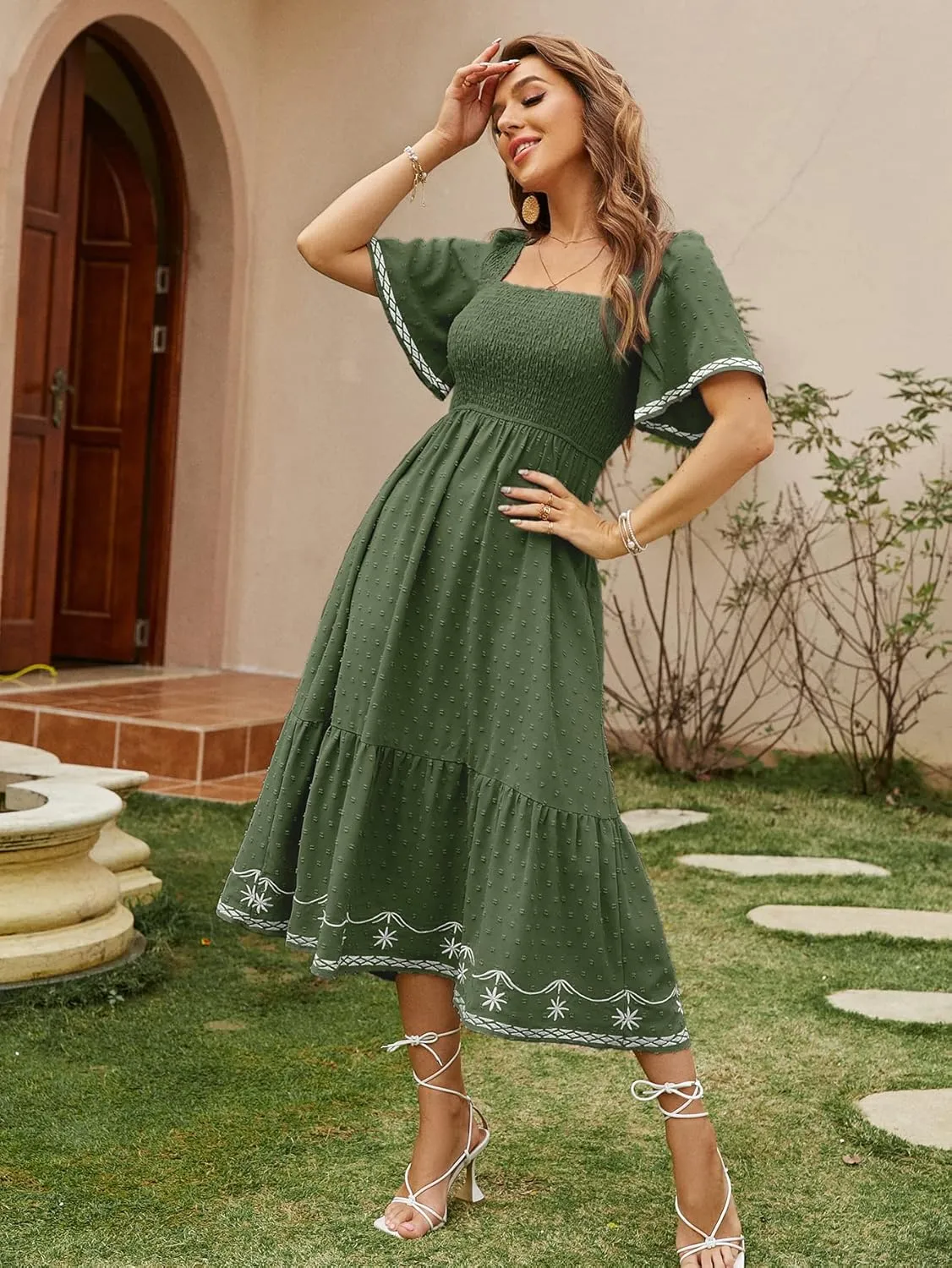 Glamaker Women's Short Sleeve Smocked Square Neck A Line Summer Flowy Maxi Long Dress