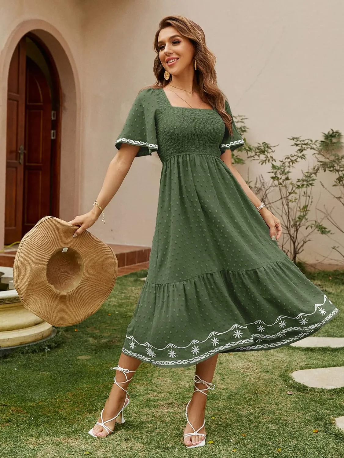 Glamaker Women's Short Sleeve Smocked Square Neck A Line Summer Flowy Maxi Long Dress