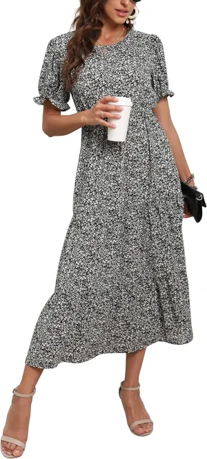 GRECERELLE Women's 2025 Spring Summer Casual Loose Round Neck Boho Dress Ruffle Puff Sleeve High Waist Midi Dress