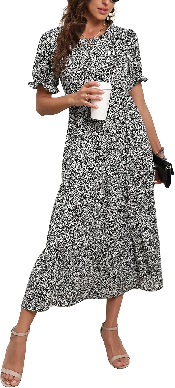 GRECERELLE Women's 2025 Spring Summer Casual Loose Round Neck Boho Dress Ruffle Puff Sleeve High Waist Midi Dress