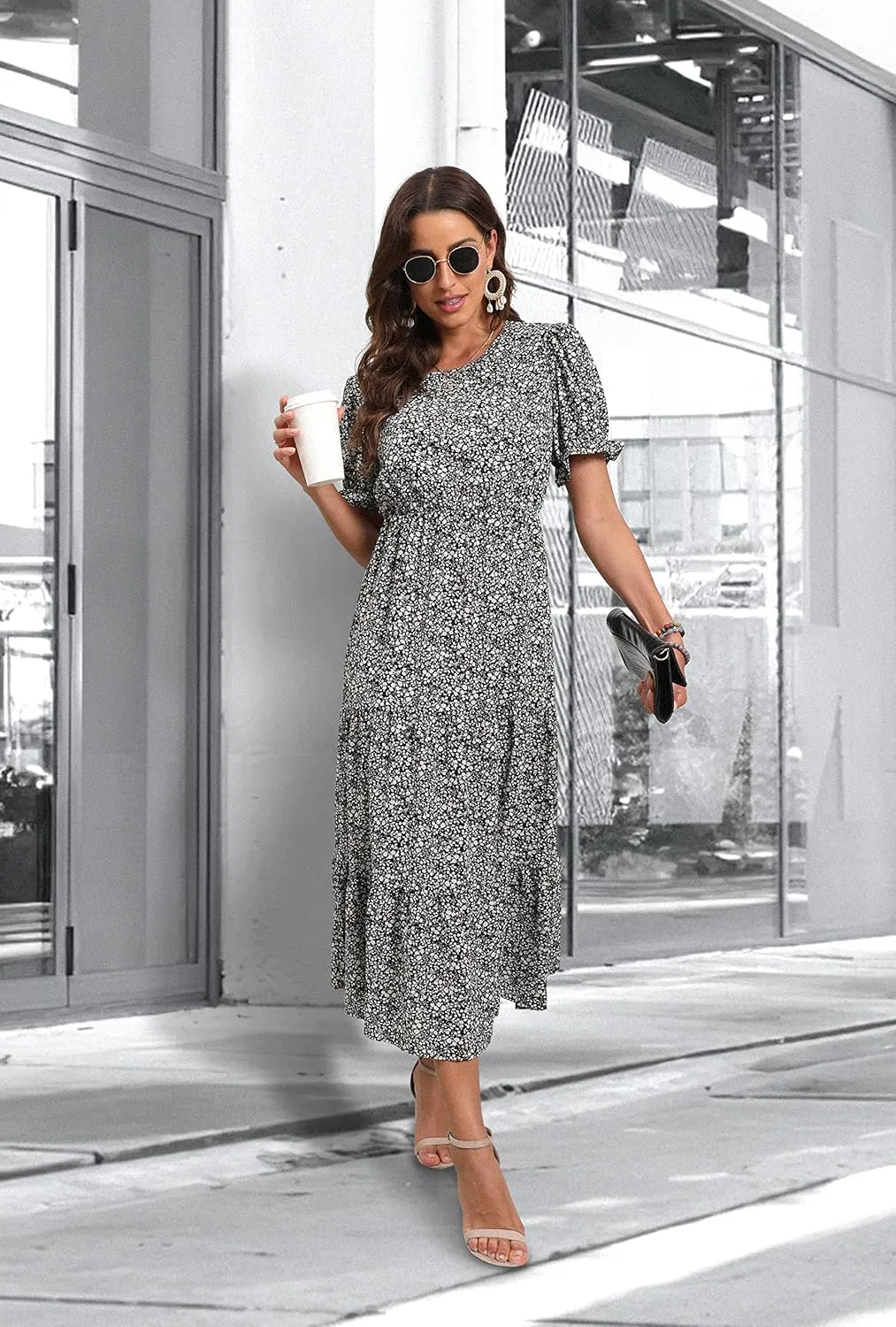 GRECERELLE Women's 2025 Spring Summer Casual Loose Round Neck Boho Dress Ruffle Puff Sleeve High Waist Midi Dress
