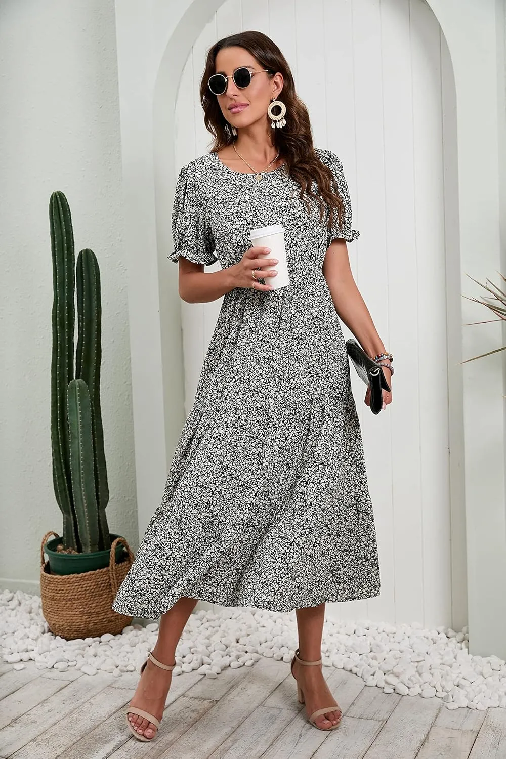 GRECERELLE Women's 2025 Spring Summer Casual Loose Round Neck Boho Dress Ruffle Puff Sleeve High Waist Midi Dress