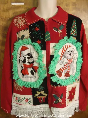 Holiday Patchwork Cheesy Cat Christmas Sweater