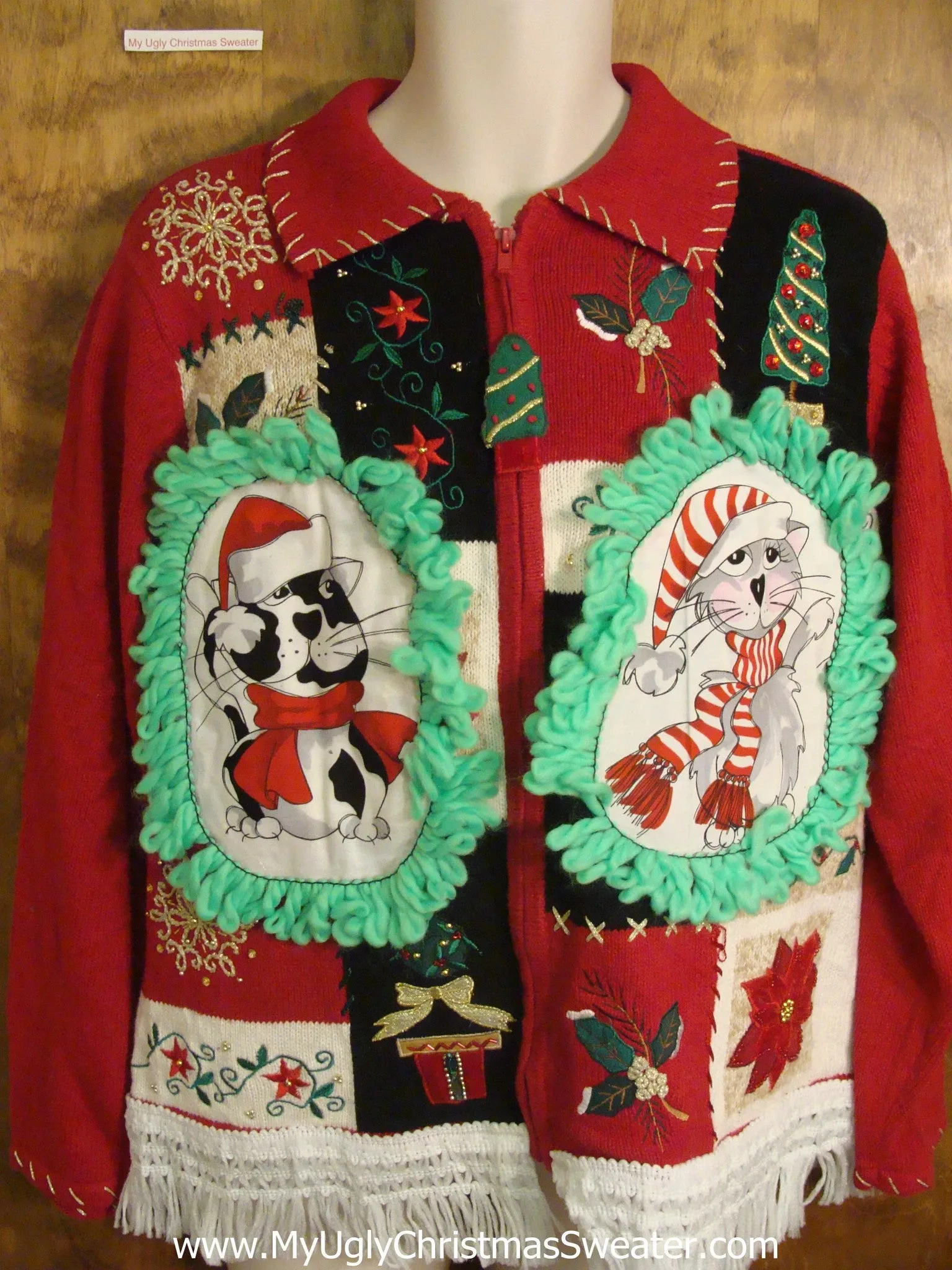Holiday Patchwork Cheesy Cat Christmas Sweater