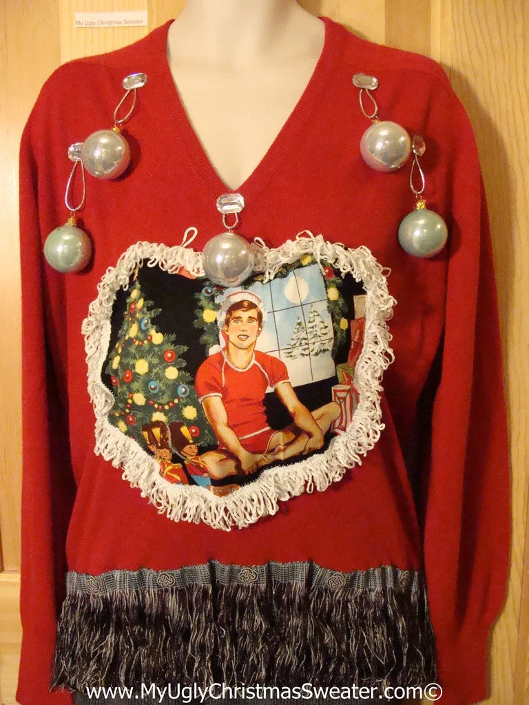 Hottie Guy Tacky Ugly Christmas Mens Sweater Dangling Fringe & 3D Ornaments (b23)