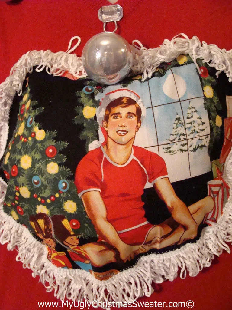 Hottie Guy Tacky Ugly Christmas Mens Sweater Dangling Fringe & 3D Ornaments (b23)