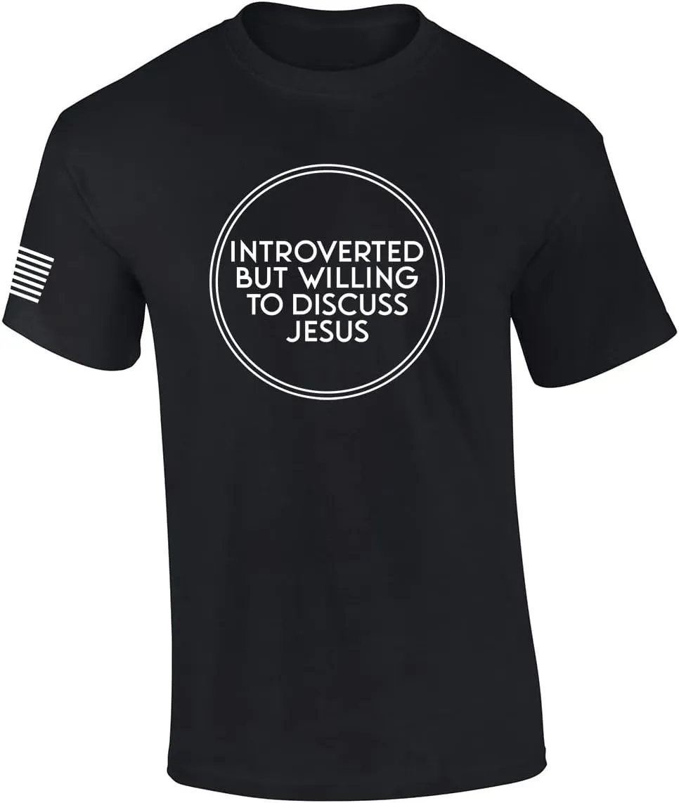 Introverted But Willing to Discuss Jesus Funny Bible Scripture Mens Christian Tshirt Cross Short Sleeve T-Shirt Graphic Tee