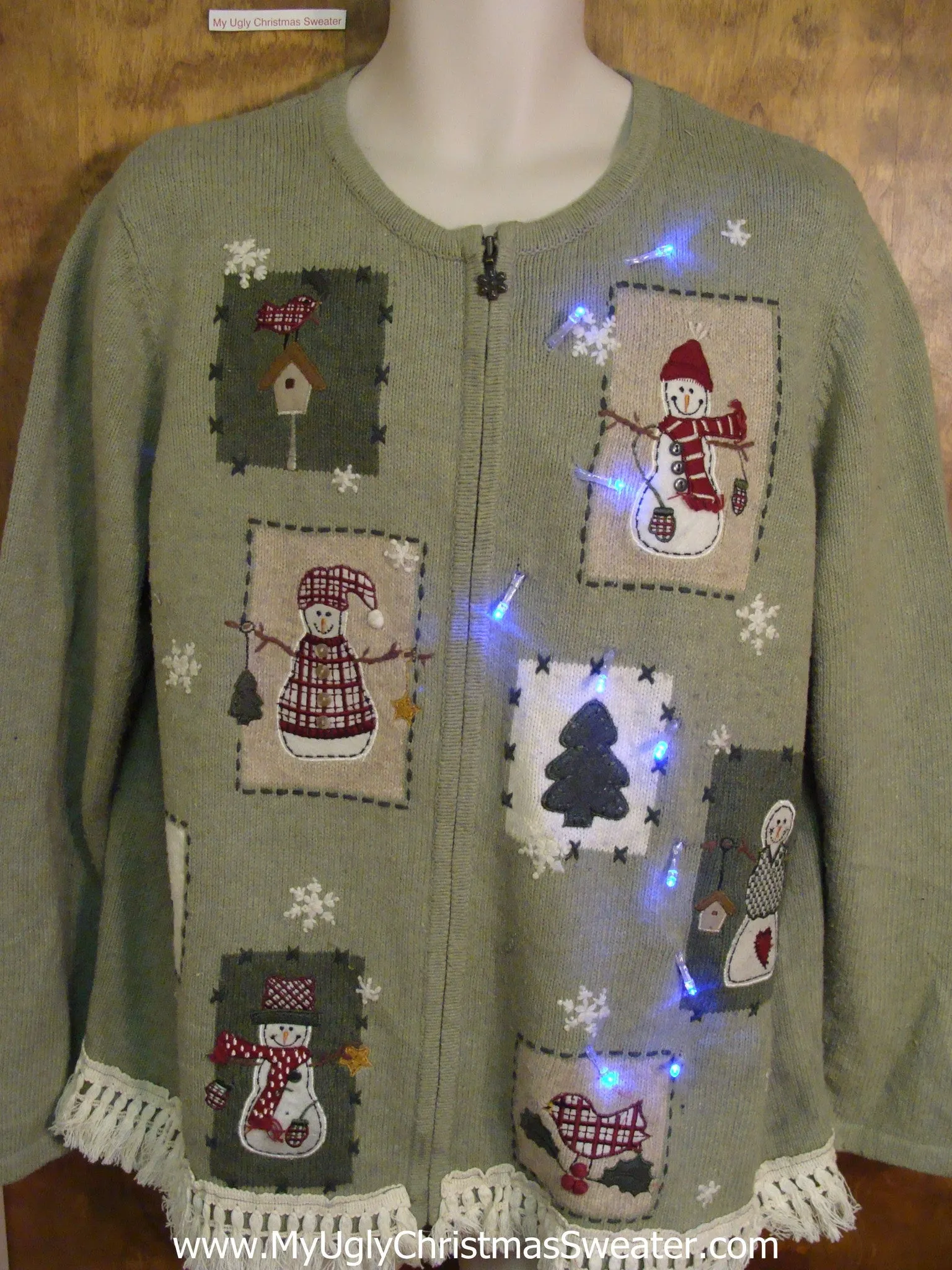 Light Up Green Ugly Xmas Sweater with Fringe