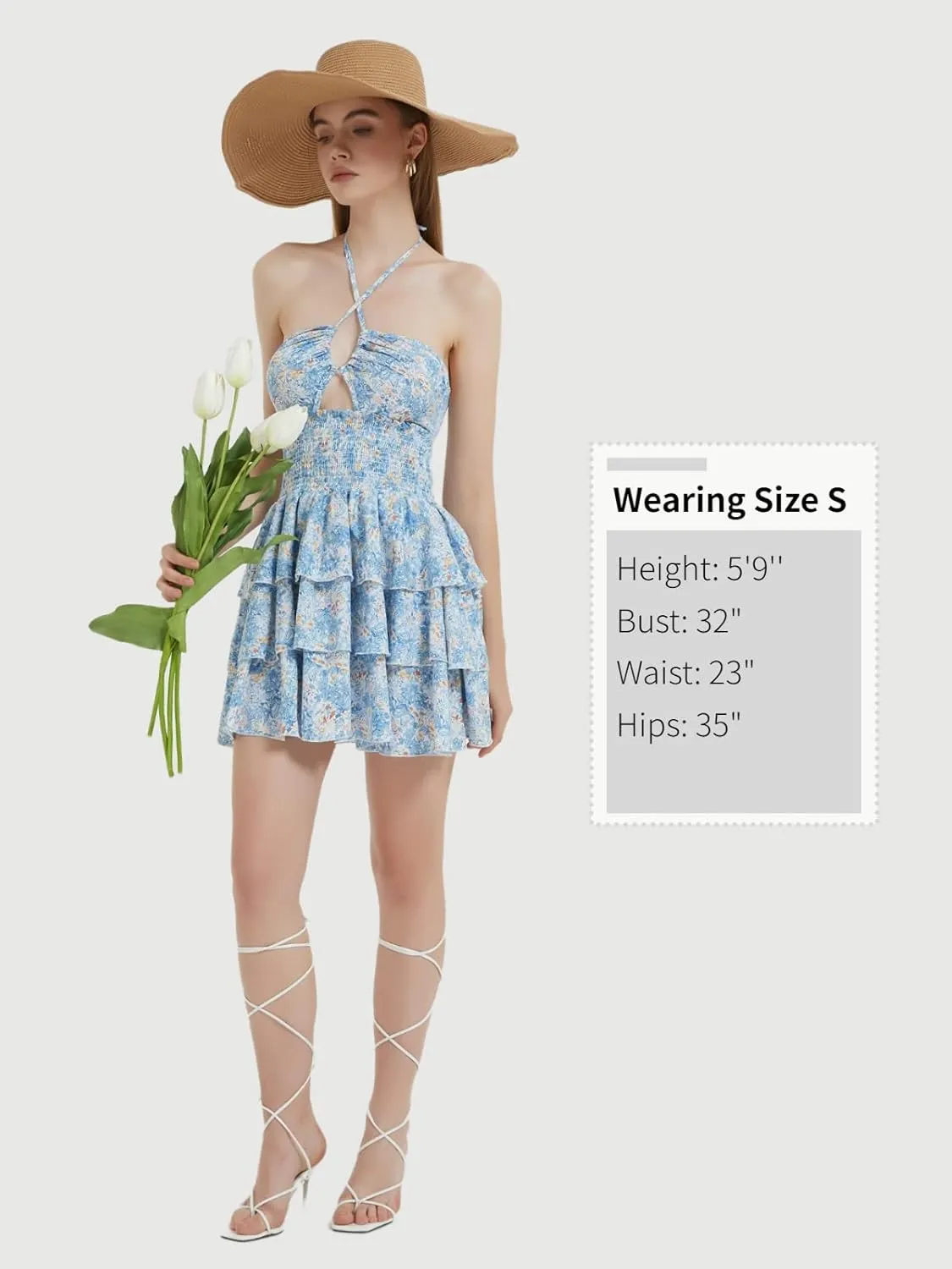 Mebius Womens Floral Mini Dress Summer Criss Cross Halter Backless Preppy Smocked Waist Short Ruffle Dress Picnic Beach
