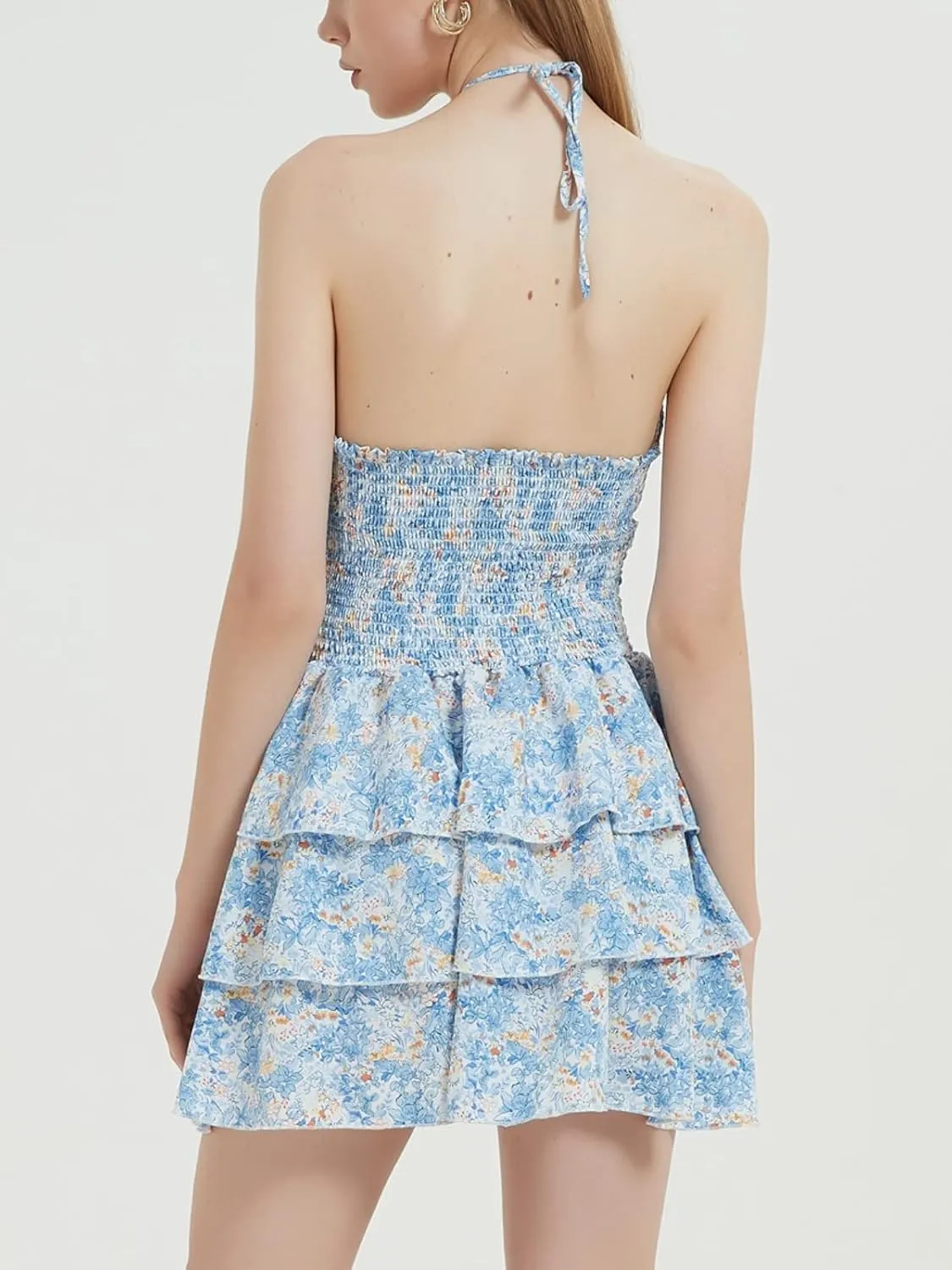 Mebius Womens Floral Mini Dress Summer Criss Cross Halter Backless Preppy Smocked Waist Short Ruffle Dress Picnic Beach