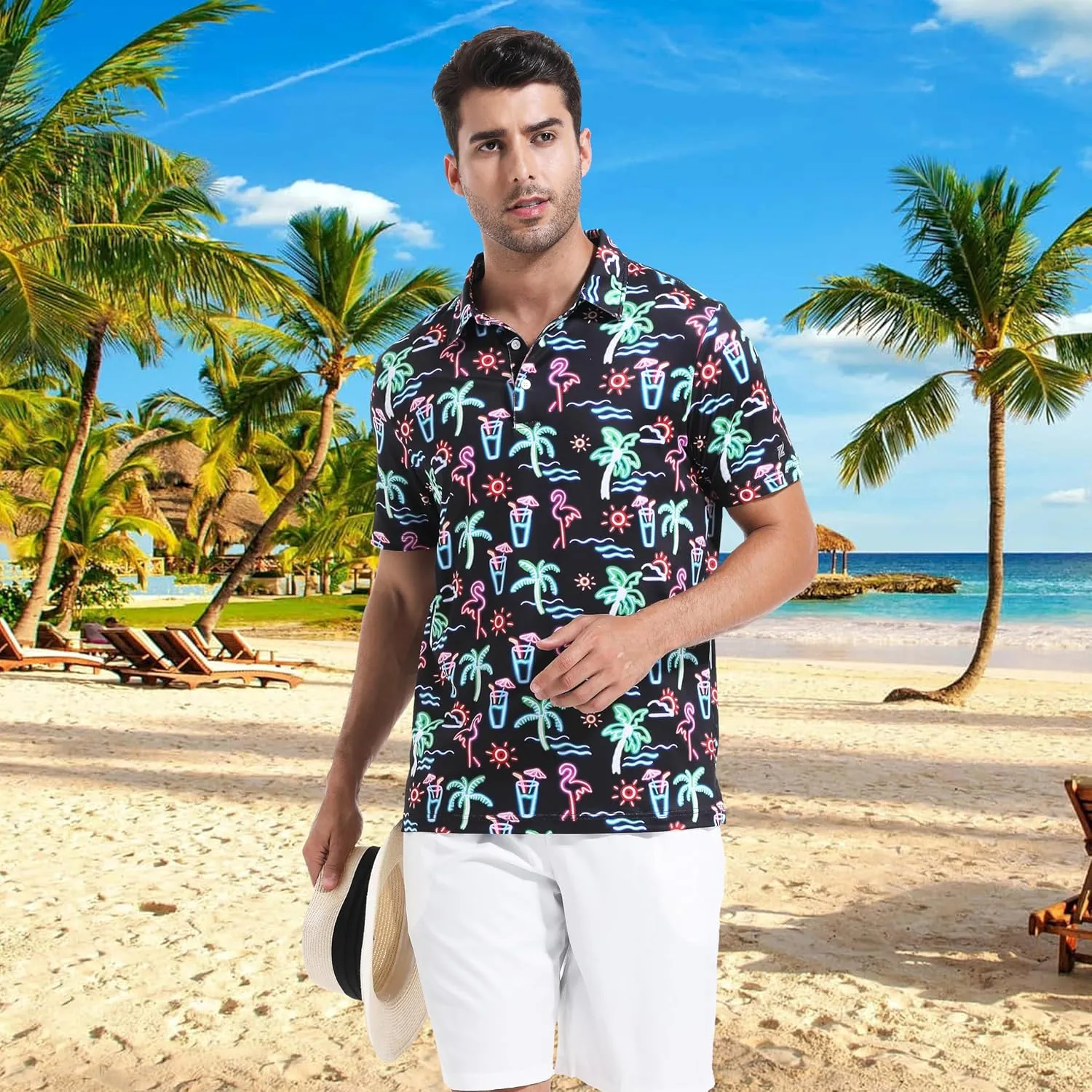 Mens Golf Shirt Short Sleeve Dry Fit Print Moisture Wicking Performance Patterns Collared Polo Shirt