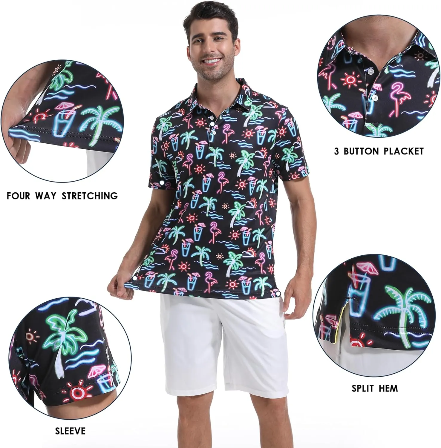 Mens Golf Shirt Short Sleeve Dry Fit Print Moisture Wicking Performance Patterns Collared Polo Shirt