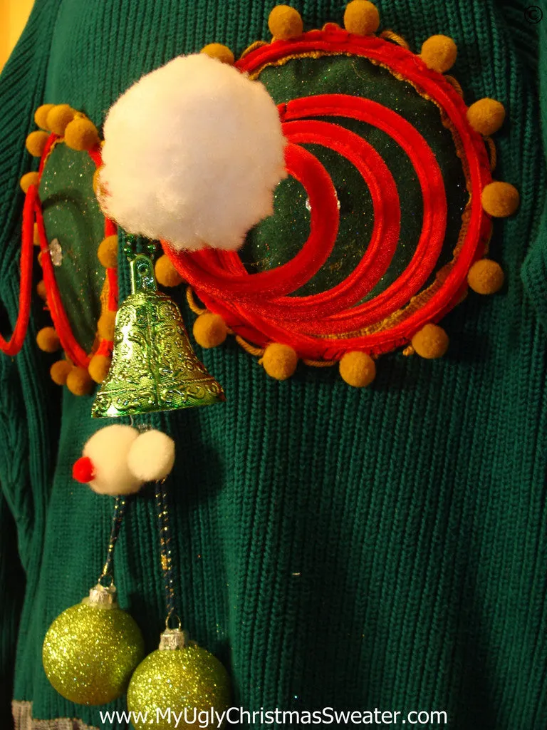 Mens Naughty Tacky Ugly Christmas Sweater with Funny Springy 3D Accents and Fringe and Dangling Balls Glitter Ornaments (r39)