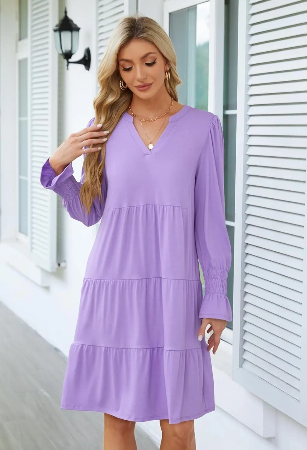 MEROKEETY Women's 2024 Long Sleeve Midi Dress V Neck Flowy Swing Ruffle Tiered Fall Casual Dresses