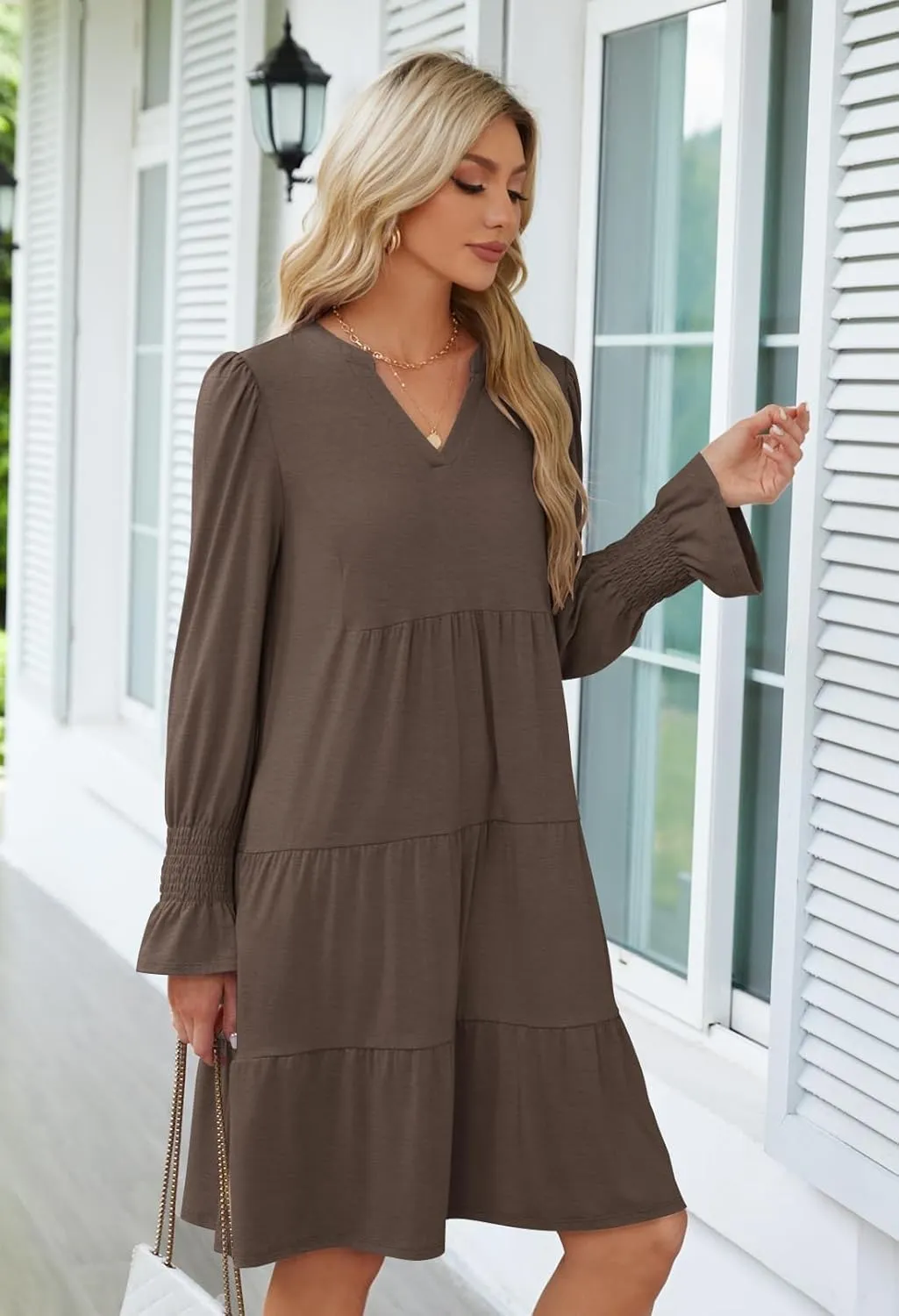 MEROKEETY Women's 2024 Long Sleeve Midi Dress V Neck Flowy Swing Ruffle Tiered Fall Casual Dresses