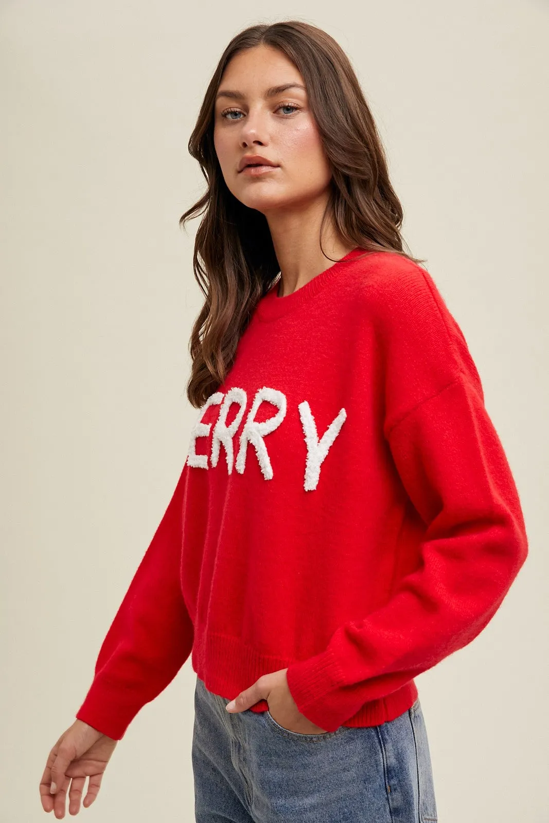 Merry Fluffy Patch Sweater - Red