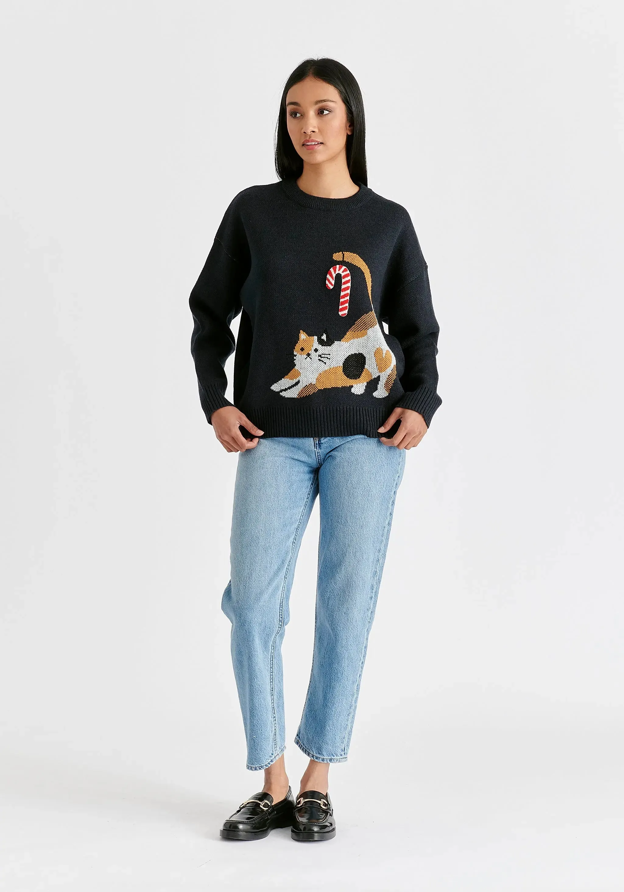 Navy Christmas Jumper With Cat and Candy Cane