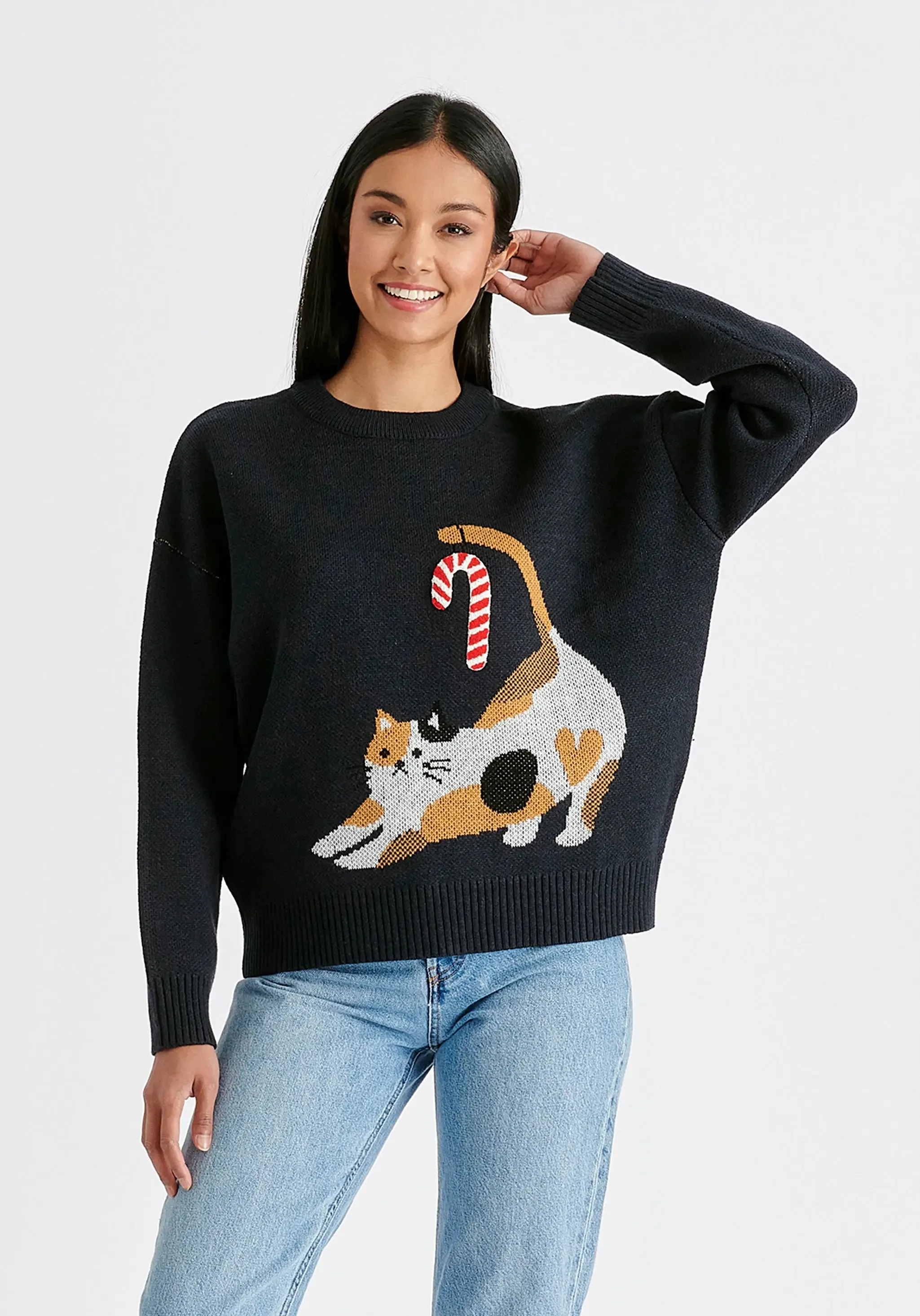 Navy Christmas Jumper With Cat and Candy Cane