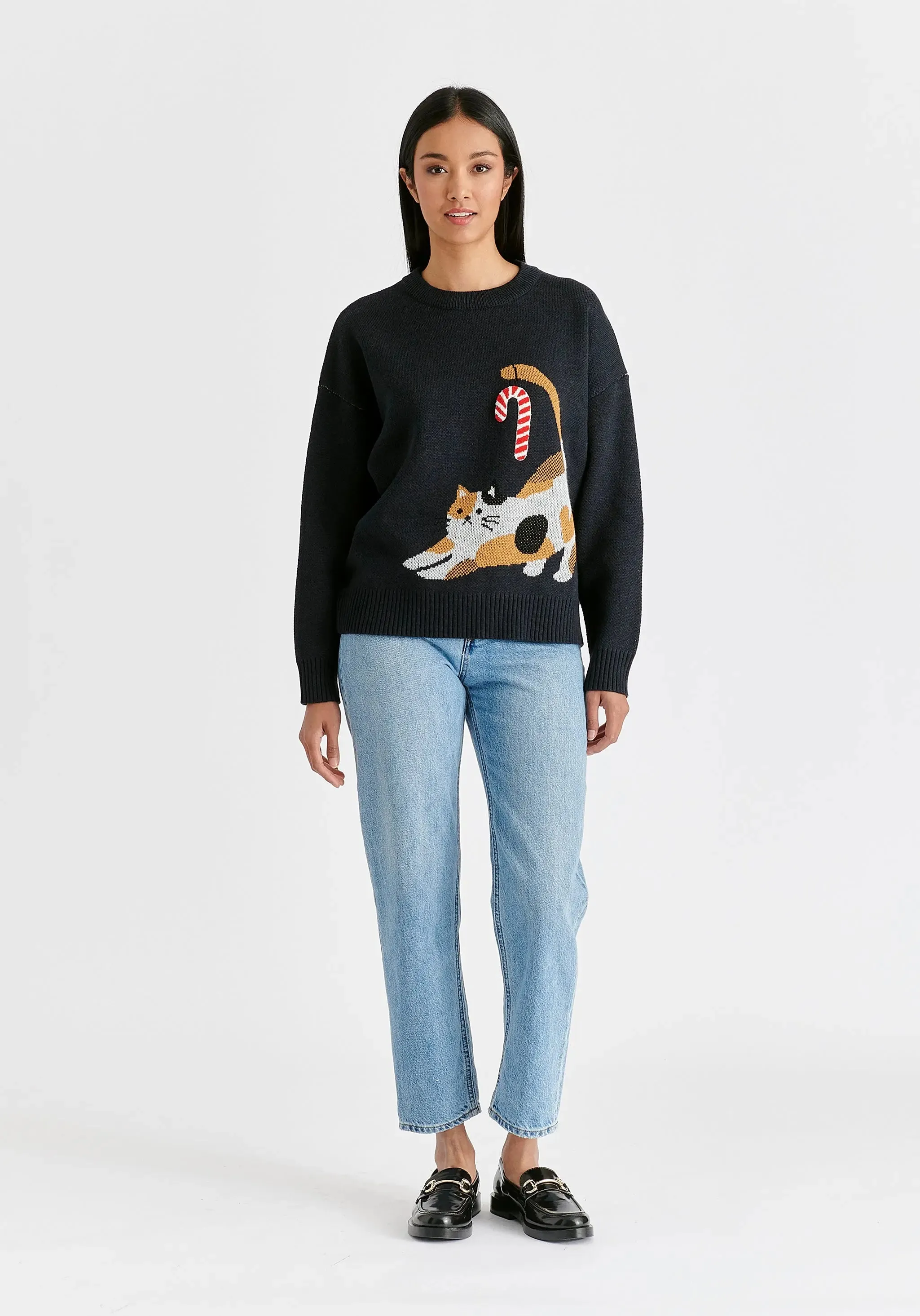 Navy Christmas Jumper With Cat and Candy Cane